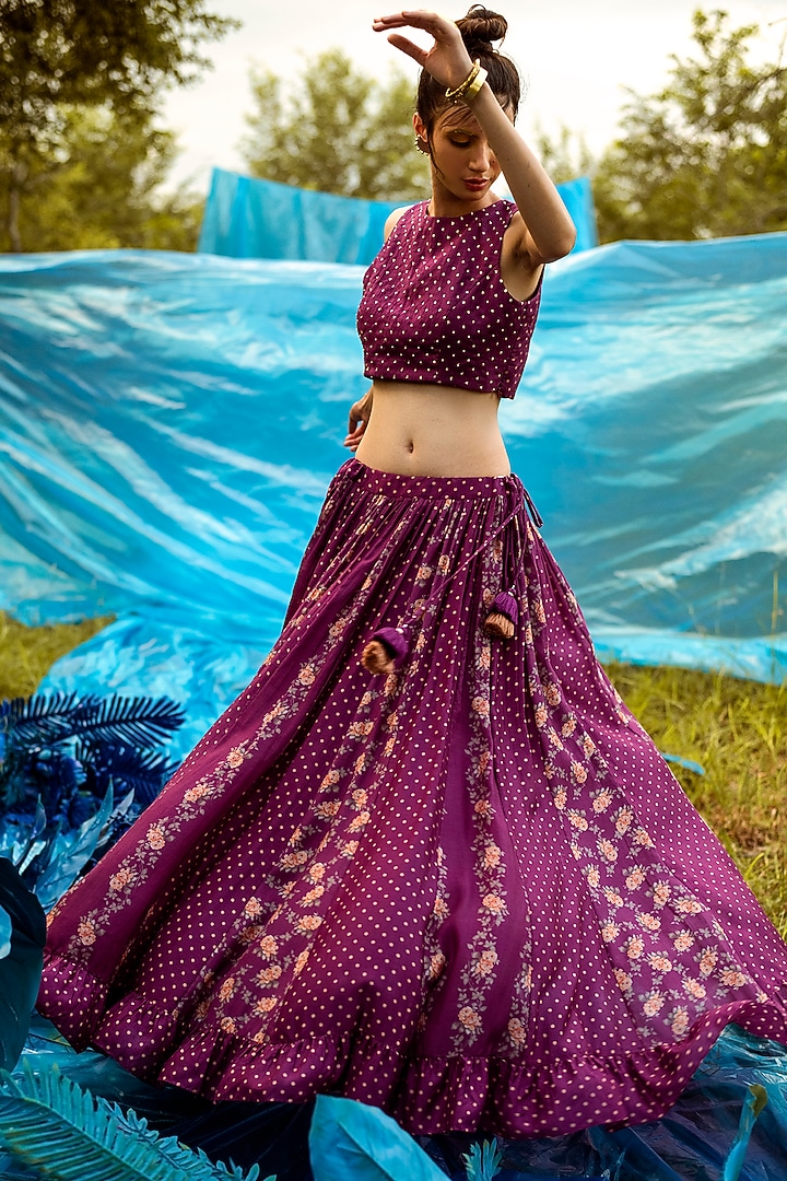 Jamuni Purple Printed Crop Top & Skirt by Paulmi & Harsh at Pernia's Pop Up Shop