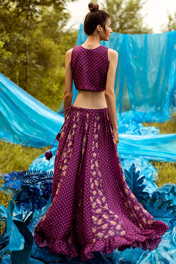Jamuni Purple Printed Crop Top & Skirt by Paulmi & Harsh at Pernia's Pop Up Shop