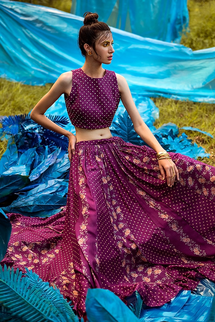 Jamuni Purple Printed Crop Top & Skirt by Paulmi & Harsh at Pernia's Pop Up Shop