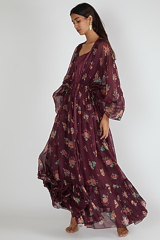 Purple Maxi Dress With A Printed Jacket by Paulmi & Harsh