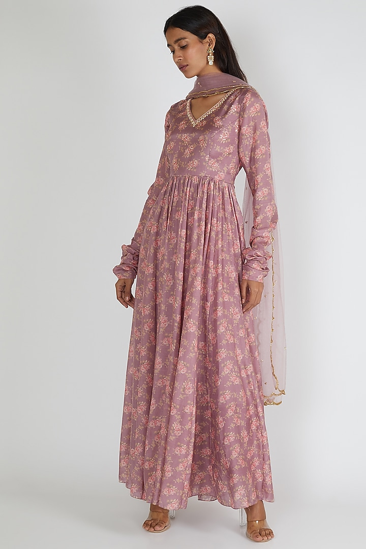Mauve Embroidered Anarkali With Dupatta by Paulmi & Harsh