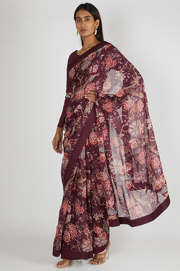 Purple Printed & Embroidered Saree Set by Paulmi & Harsh at Pernia's Pop Up Shop