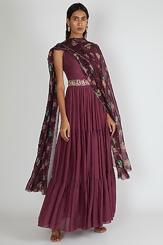 Jamuni Purple Maxi Dress With Dupatta & Belt by Paulmi & Harsh