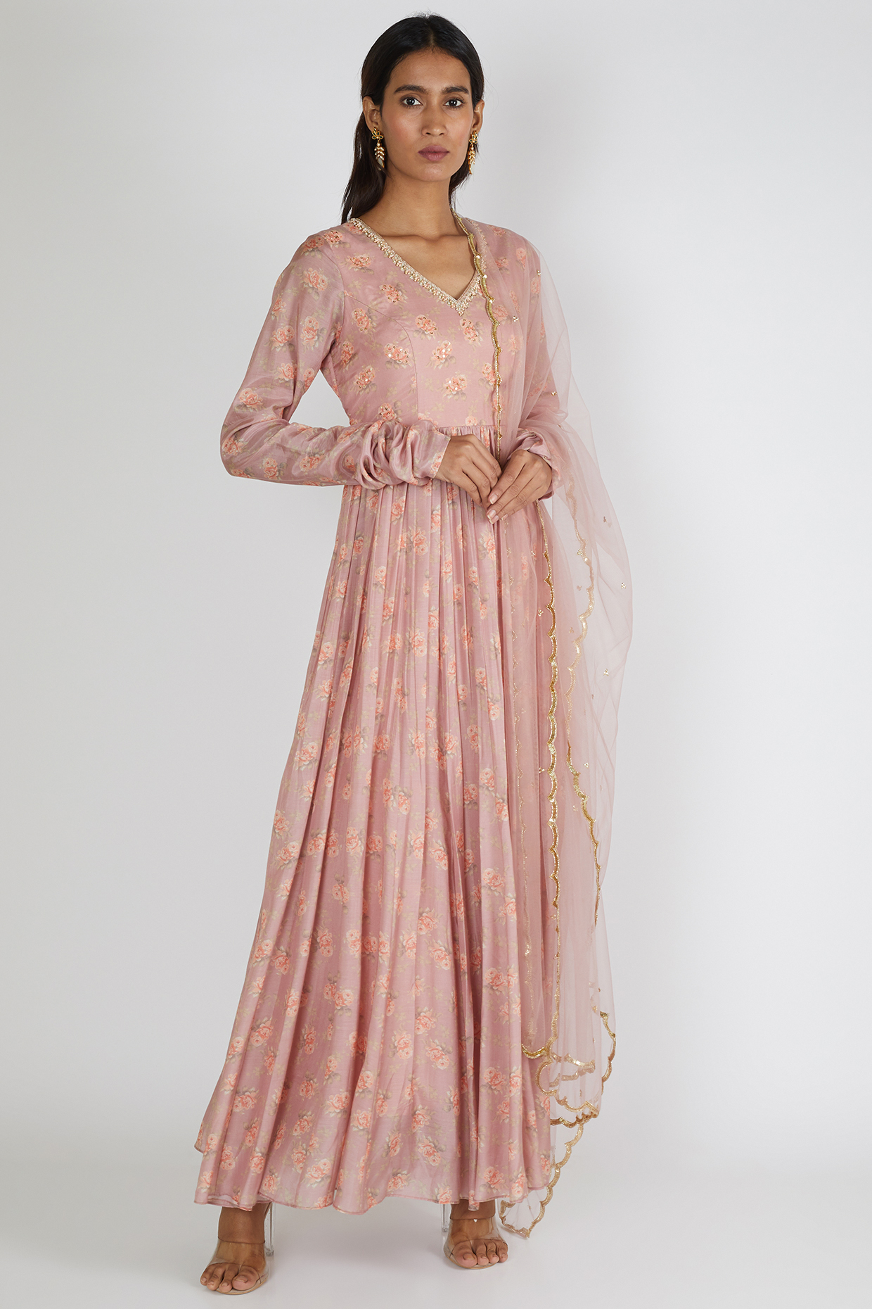 Onion Pink Embroidered Anarkali With Dupatta by Paulmi & Harsh