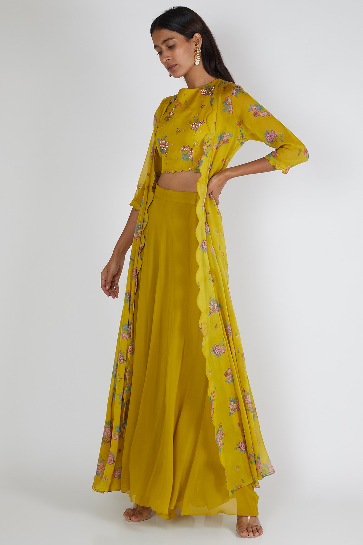 Yellow Cutdana Work Crop Top Palazzo Set in Satin with Printed Long Jacket