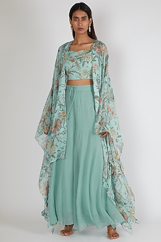 Sky Blue Printed Jacket Set by Paulmi & Harsh