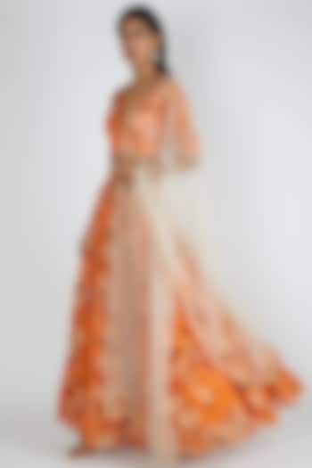 Orange Viscose Organza Embroidered Lehenga Set by Paulmi & Harsh