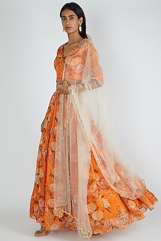 Orange Viscose Organza Embroidered Lehenga Set by Paulmi & Harsh