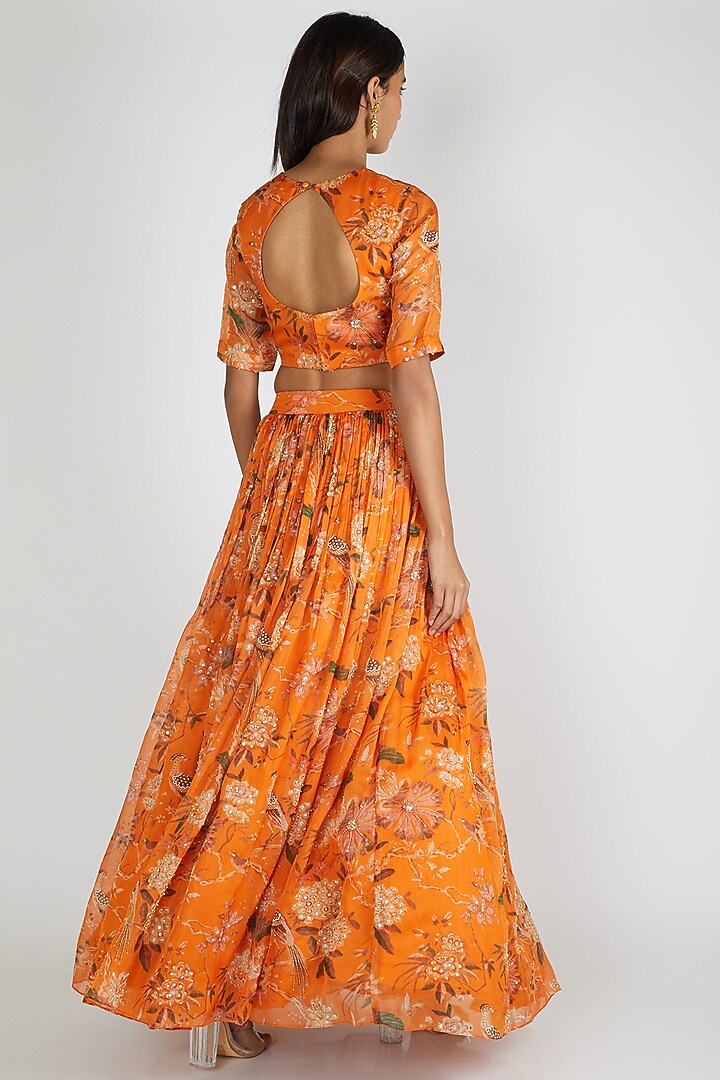 Orange Viscose Organza Embroidered Wedding Lehenga Set by Paulmi & Harsh at Pernia's Pop Up Shop