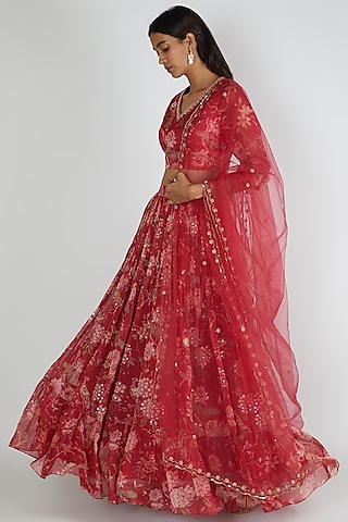 Fuchsia Pink Viscose Organza Embroidered Lehenga Set by Paulmi & Harsh