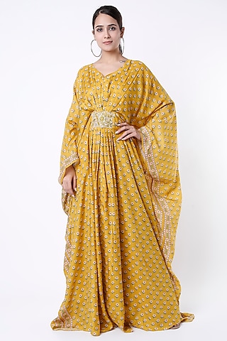 Mustard Printed Kaftan With Inner by Paulmi & Harsh