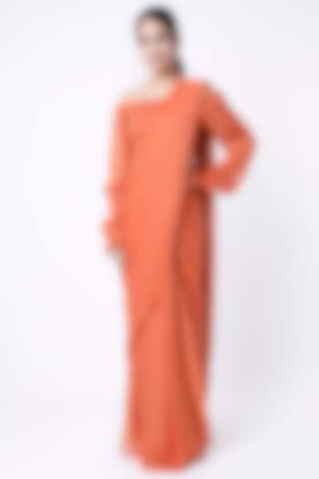 Rust Orange Printed Pre-Stitched Saree Set by Paulmi & Harsh