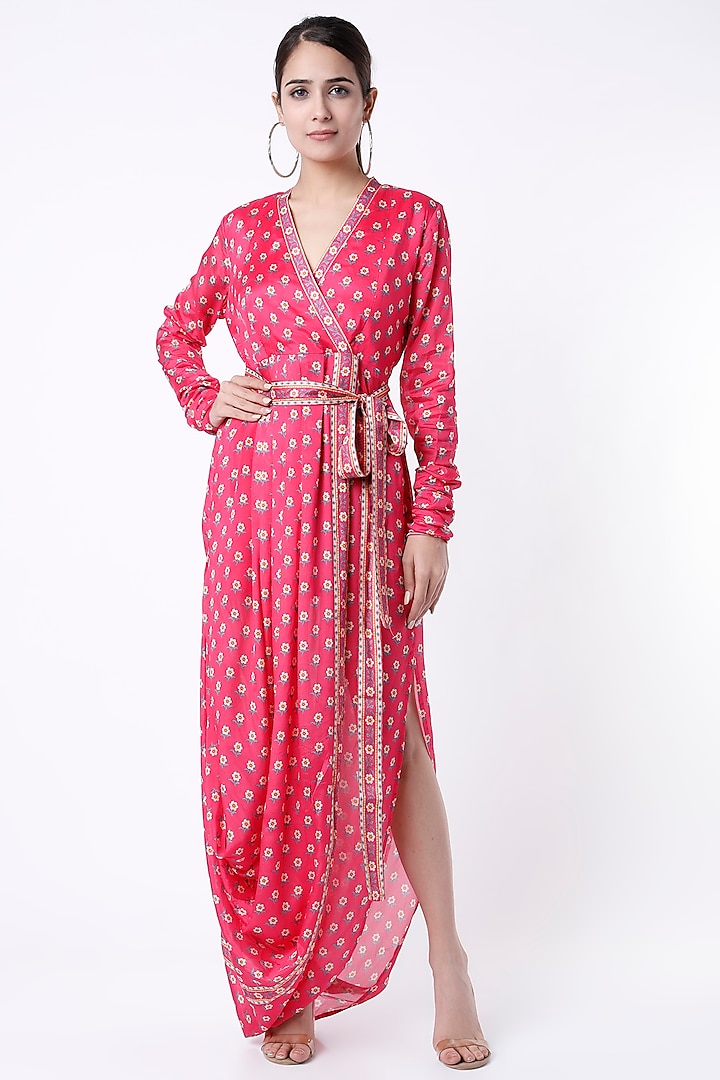 Rani Pink Printed Cowl Dress With Belt by Paulmi & Harsh at Pernia's Pop Up Shop