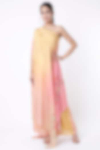 Yellow Printed One Shoulder Wrap Kurta Set by Paulmi & Harsh at Pernia's Pop Up Shop