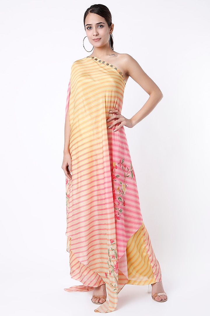 Yellow Printed One Shoulder Wrap Kurta Set by Paulmi & Harsh