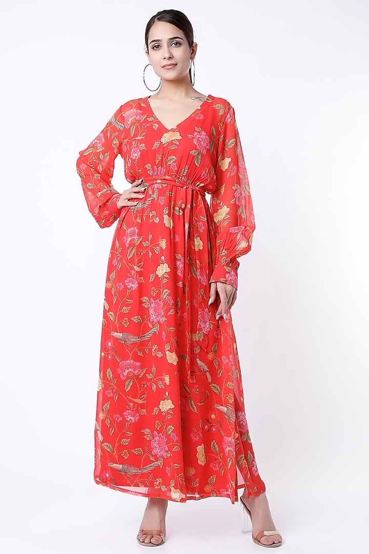 Red Printed Dress With Belt by Paulmi & Harsh