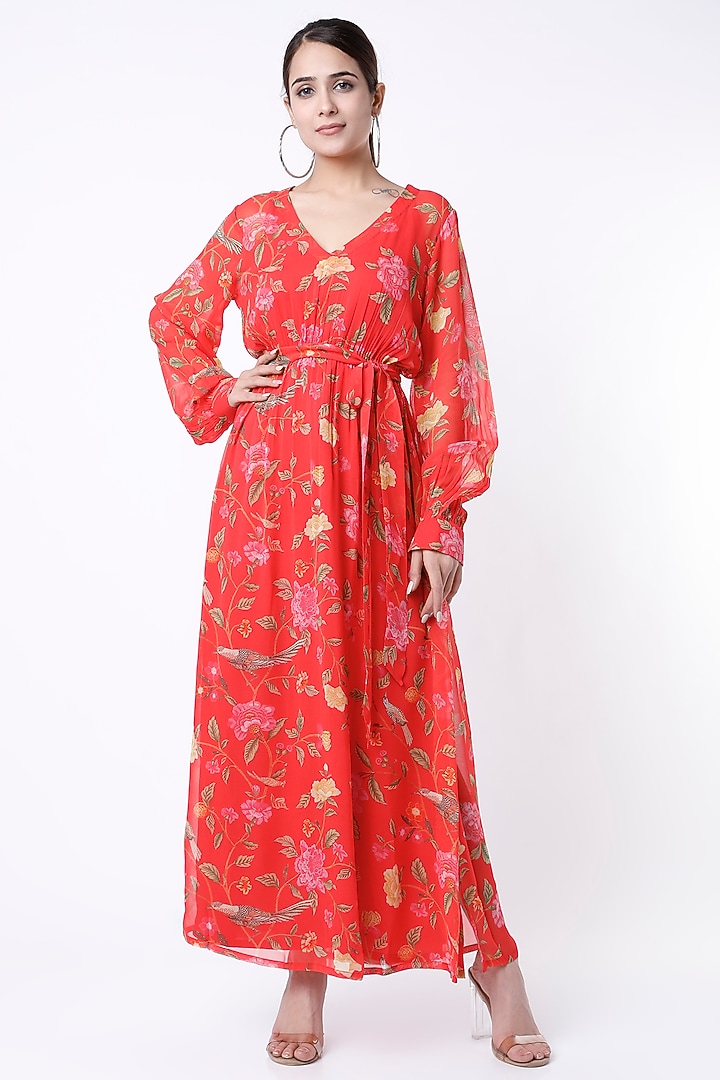 Red Printed Summer Dress With Belt by Paulmi & Harsh at Pernia's Pop Up Shop