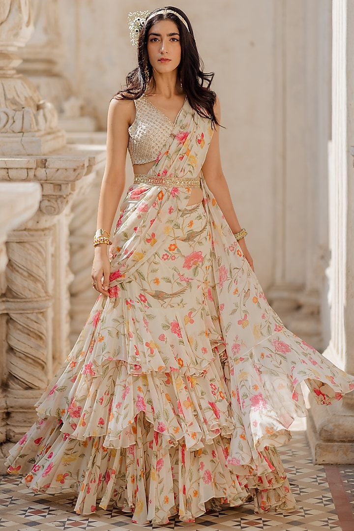 Off-White Georgette Printed Pre-Stitched Saree Set by Paulmi & Harsh