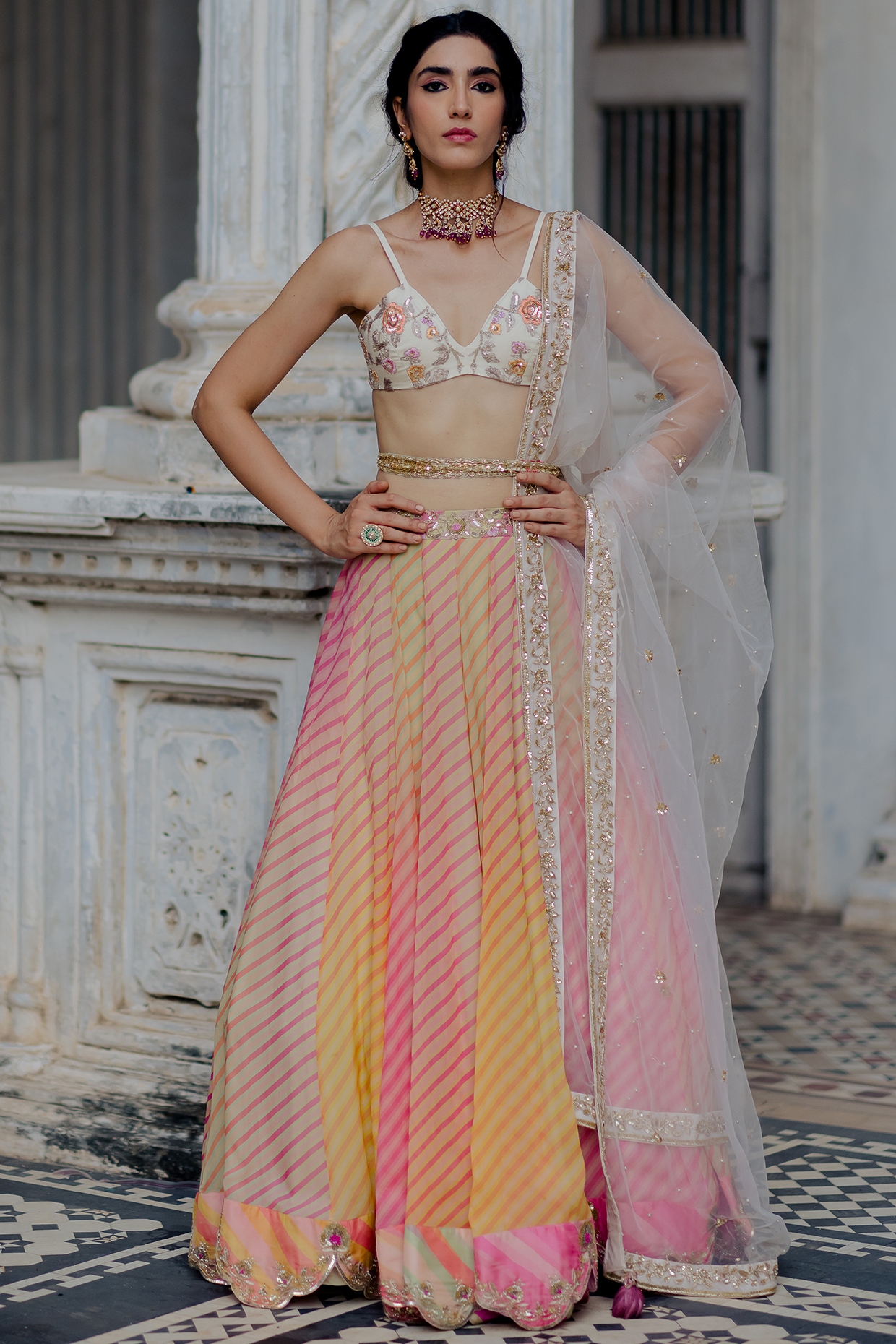 Fuchsia & Yellow Leheriya Printed Wedding Lehenga Set by Paulmi & Harsh at Pernia's Pop Up Shop