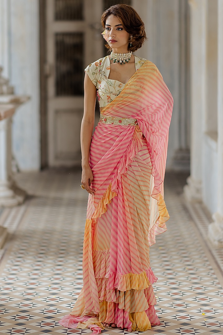 Fuchsia & Yellow Ombre Printed Pre-Stitched Saree Set by Paulmi & Harsh