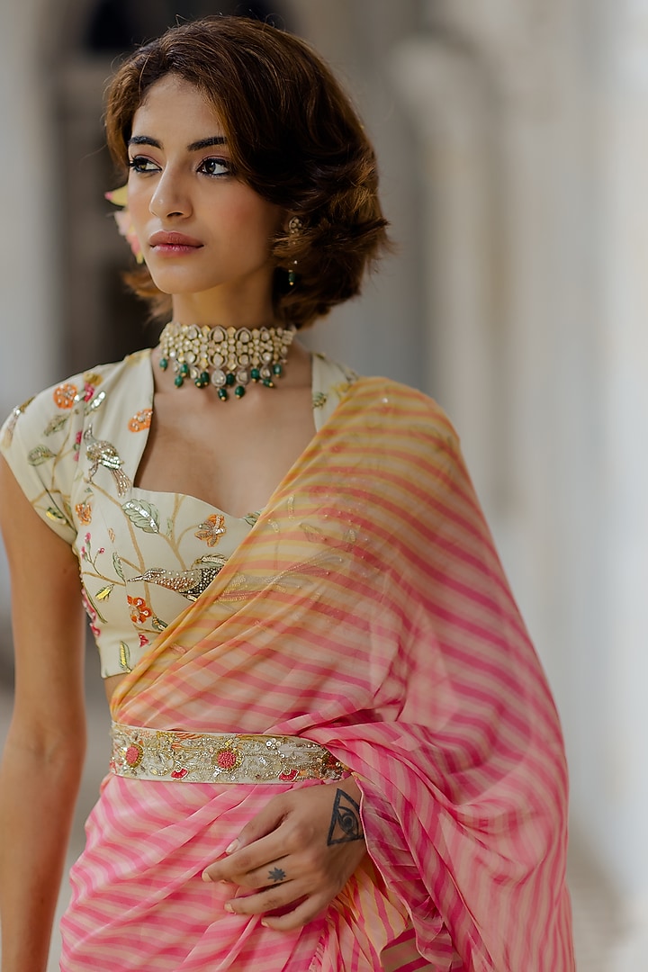 Fuchsia & Yellow Ombre Georgette Printed Pre-Stitched Party Wear Saree Set by Paulmi & Harsh at Pernia's Pop Up Shop