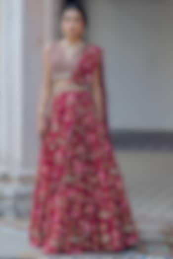 Wine Georgette Embroidered & Printed Wedding Lehenga Set by Paulmi & Harsh at Pernia's Pop Up Shop