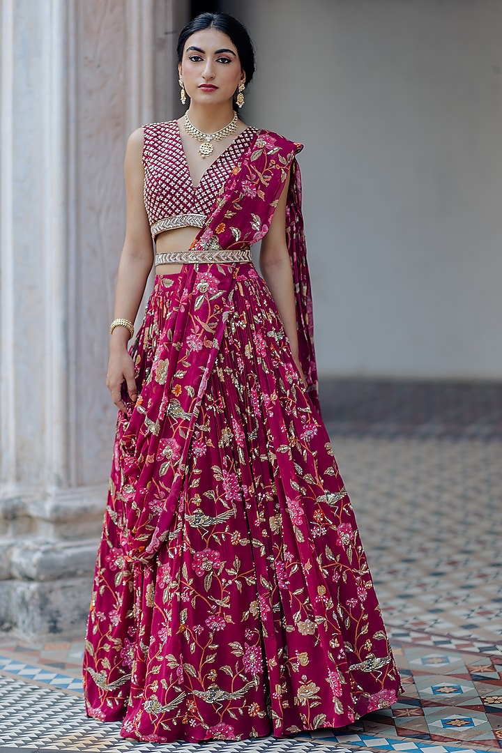 Wine Georgette Embroidered & Printed Wedding Lehenga Set by Paulmi & Harsh at Pernia's Pop Up Shop