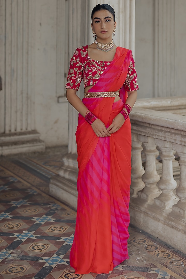 Hot Pink & Red Ombre Printed Pre-Stitched Saree Set by Paulmi & Harsh at Pernia's Pop Up Shop