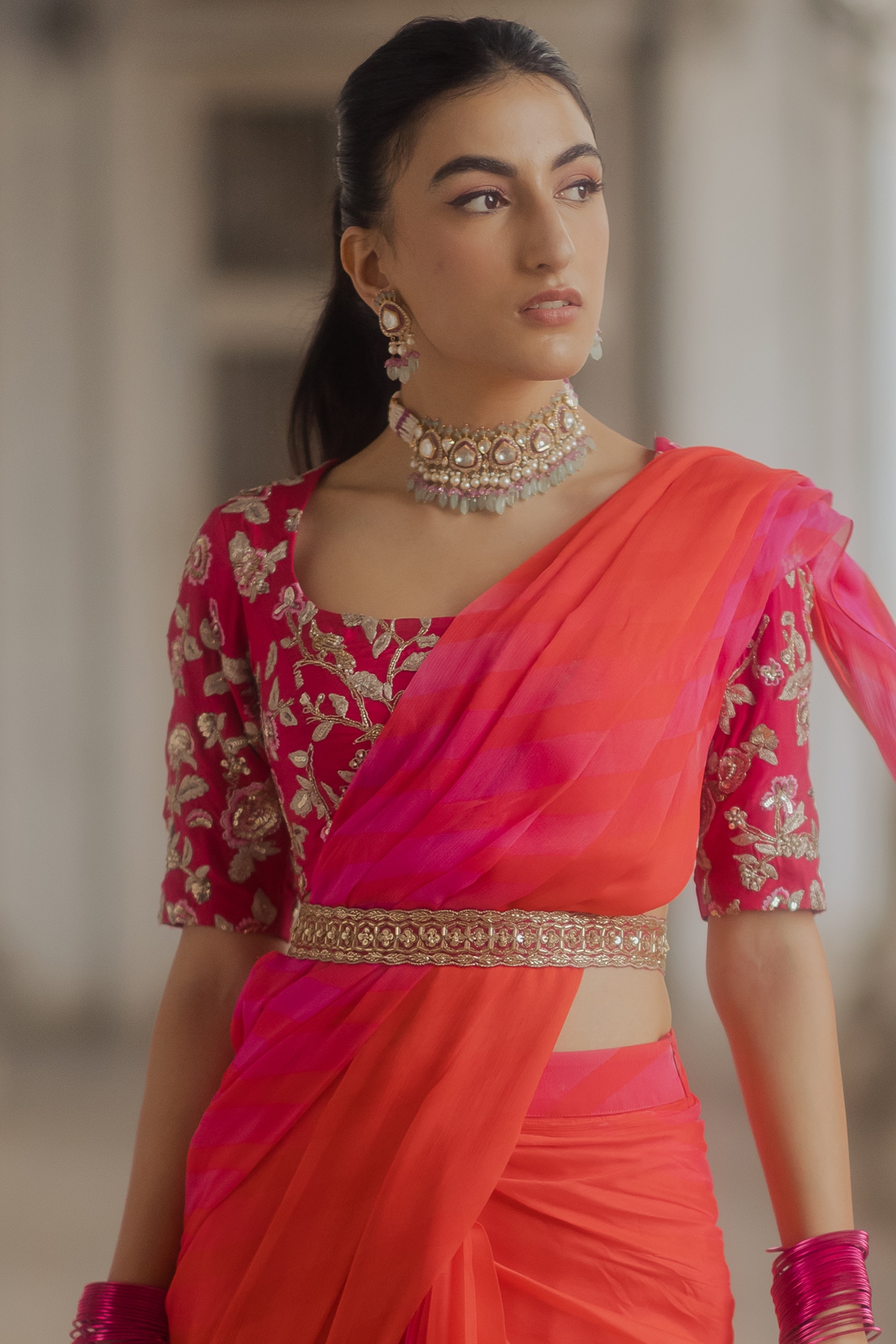 Pyazi Pink & Poppy Red Saree With Blouse | Silk chiffon, Blouses for women,  Saree