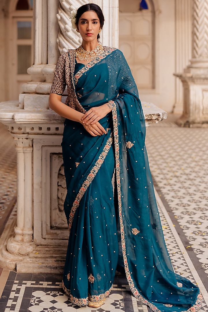 Teal Blue Hand Embroidered Saree Set by Paulmi & Harsh