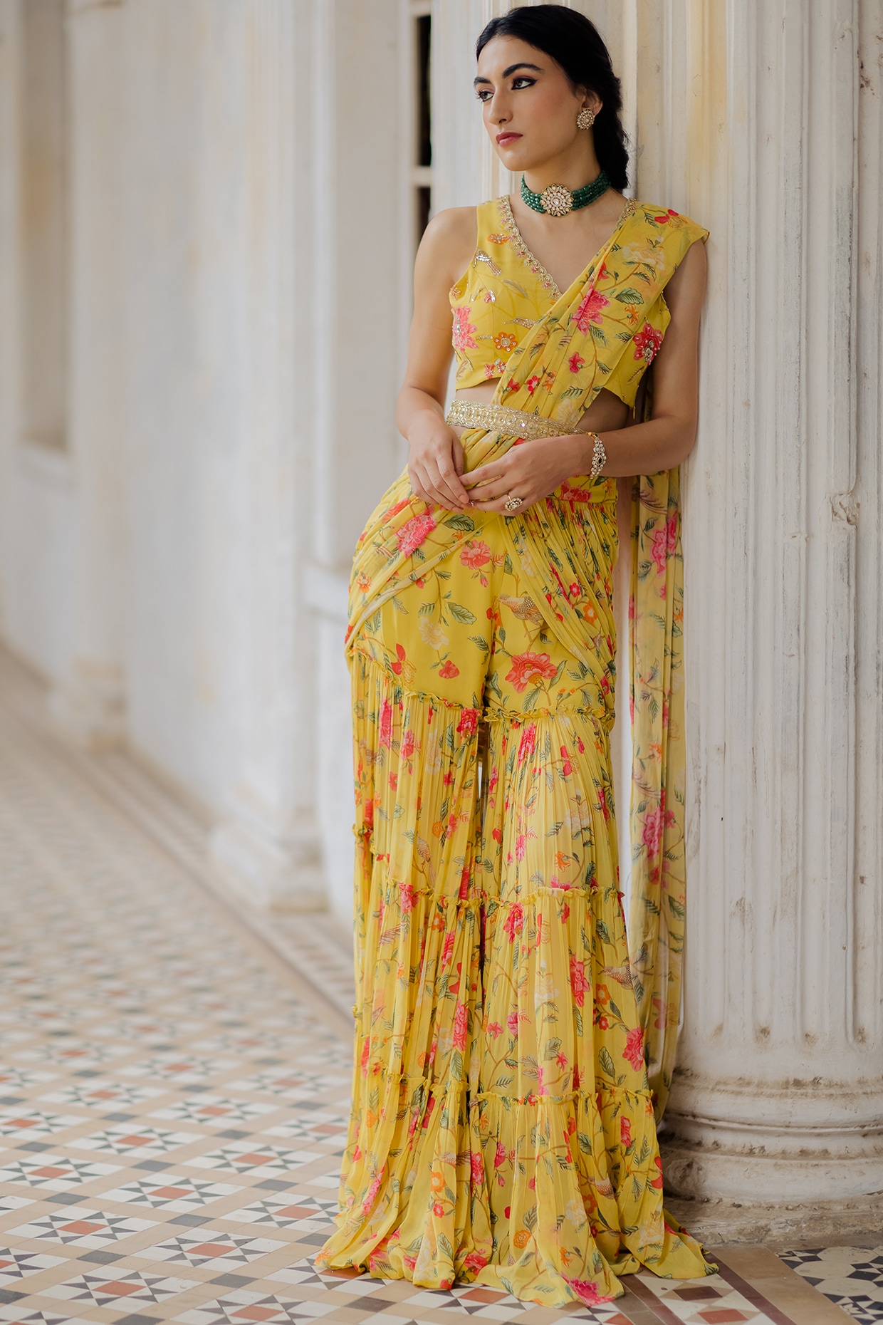 Buy Chhavvi Aggarwal Yellow Print Pant Saree With Blouse & Belt (Set of 3)  online