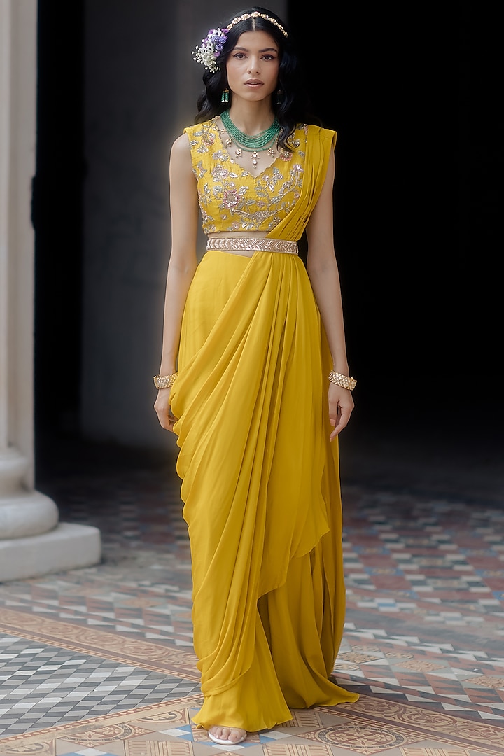 Bright Yellow Crepe Pre-Stitched Draped Saree Set by Paulmi & Harsh
