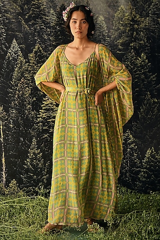 Green Crepe Geometric Printed Jacket Dress With Belt by Paulmi & Harsh