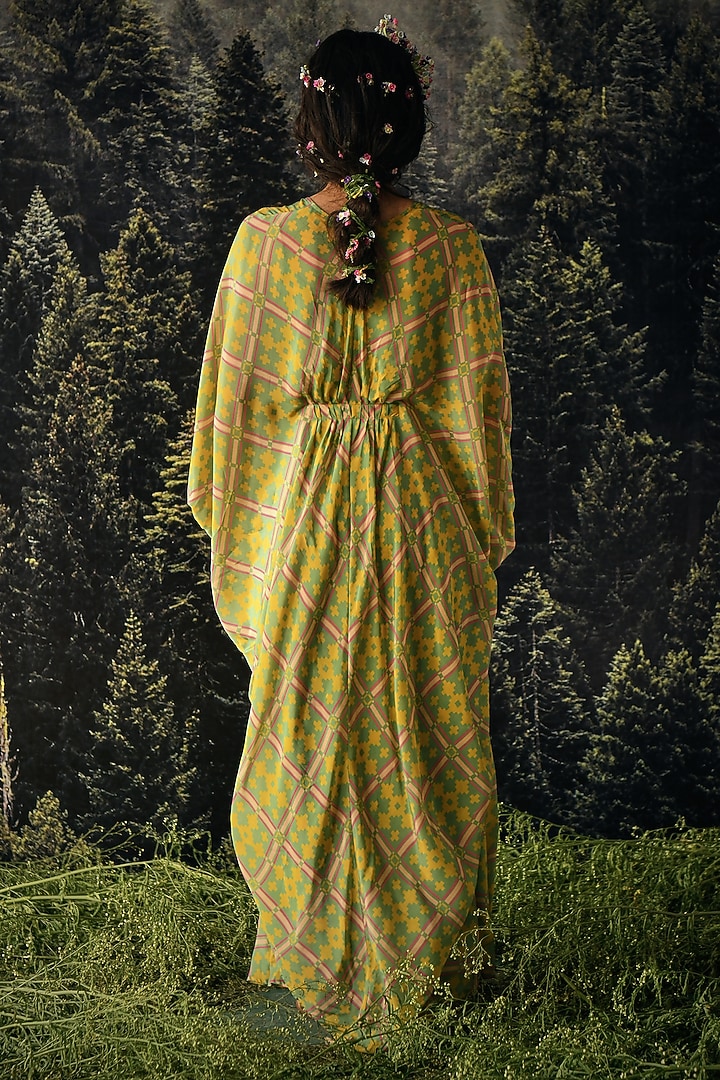 Green Crepe Geometric Printed Jacket Summer Dress With Belt by Paulmi & Harsh at Pernia's Pop Up Shop