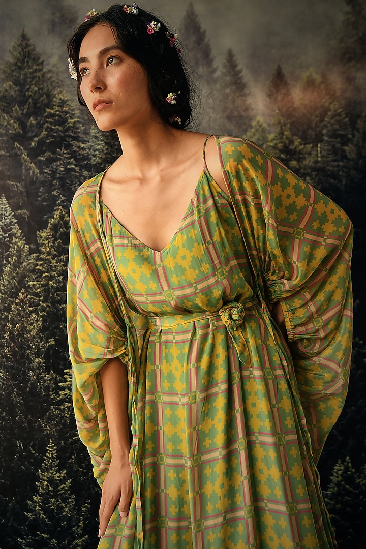 Green Crepe Geometric Printed Jacket Summer Dress With Belt by Paulmi & Harsh at Pernia's Pop Up Shop