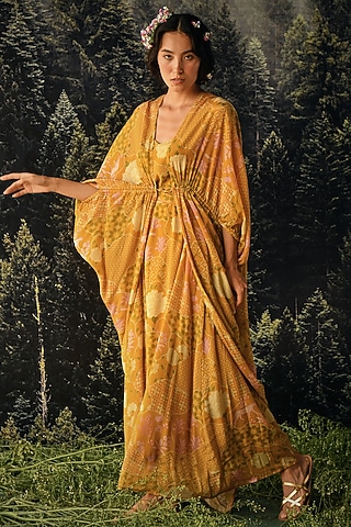 Orange Crepe Geometric Printed Jacket Dress With Belt by Paulmi & Harsh