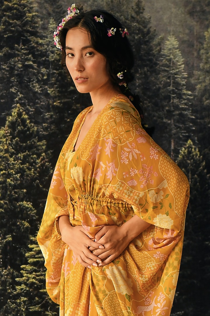 Orange Crepe Geometric Printed Jacket Vacation Dress With Belt by Paulmi & Harsh at Pernia's Pop Up Shop