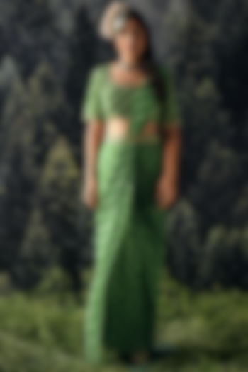 Green Georgette Leheriya Printed & Hand Embroidered Party Wear Saree Set by Paulmi & Harsh at Pernia's Pop Up Shop