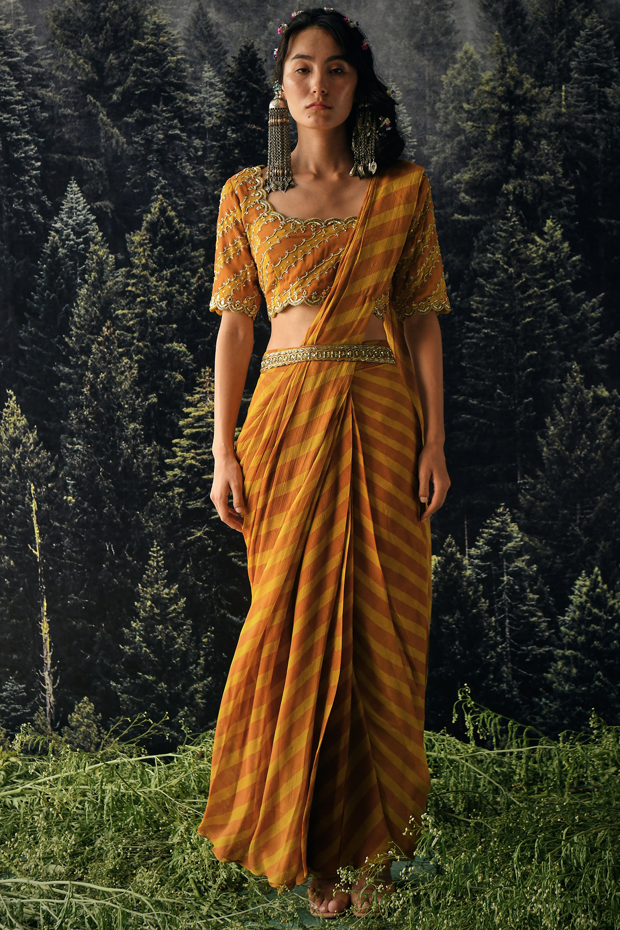 Orange Chiffon Printed Pre-Draped Saree Set by Paulmi & Harsh