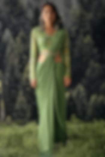 Green Georgette Bagh Printed Pre-Draped Saree Set by Paulmi & Harsh