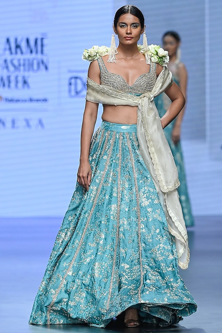 Ice Blue Russian Silver Jacquard Embroidered Wedding Lehenga Set by Paulmi & Harsh at Pernia's Pop Up Shop