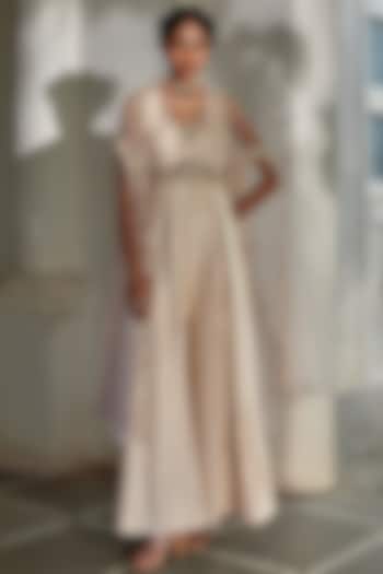 Misty Rose Jamawar Jacquard Embroidered Jumpsuit With Cape by Paulmi & Harsh at Pernia's Pop Up Shop