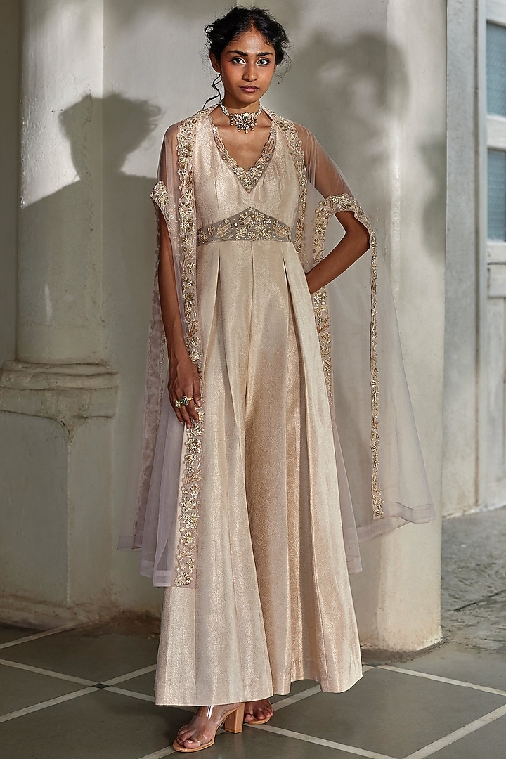 Misty Rose Jamawar Jacquard Embroidered Jumpsuit With Cape by Paulmi & Harsh at Pernia's Pop Up Shop