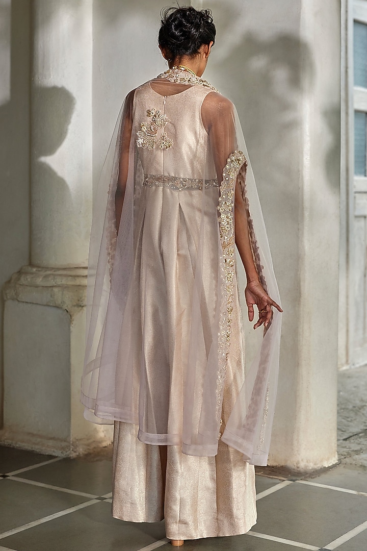 Misty Rose Jamawar Jacquard Embroidered Jumpsuit With Cape by Paulmi & Harsh at Pernia's Pop Up Shop
