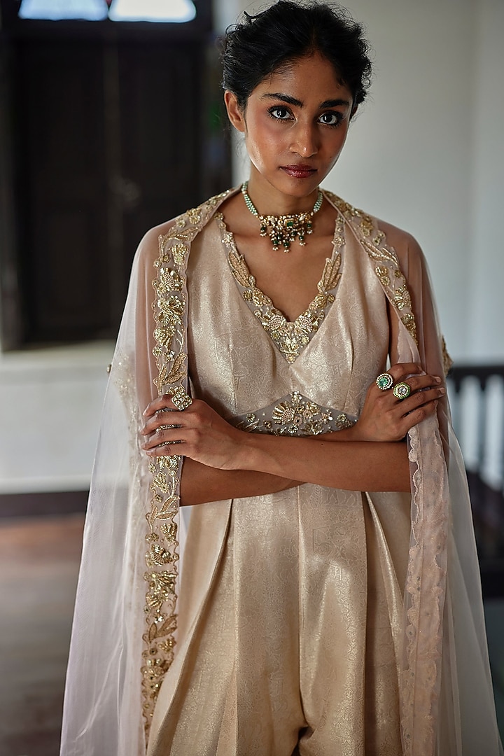 Misty Rose Jamawar Jacquard Embroidered Jumpsuit With Cape by Paulmi & Harsh at Pernia's Pop Up Shop