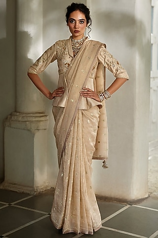 Spanish Pink Jamawar Jacquard Draped Saree Set by Paulmi & Harsh
