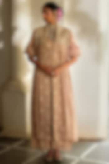 Vintage Brown Tissue & Jamawar Embroidered Jacket With Dress by Paulmi & Harsh at Pernia's Pop Up Shop