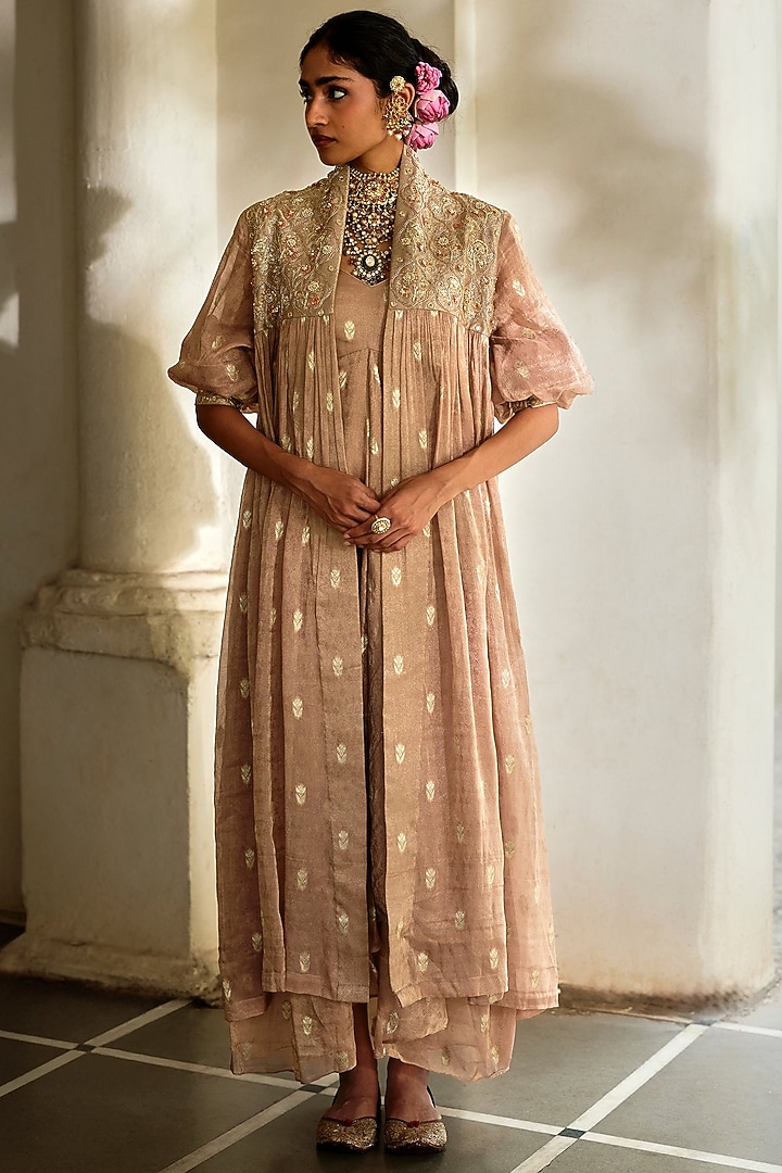 Vintage Brown Tissue & Jamawar Embroidered Jacket With Dress by Paulmi & Harsh at Pernia's Pop Up Shop