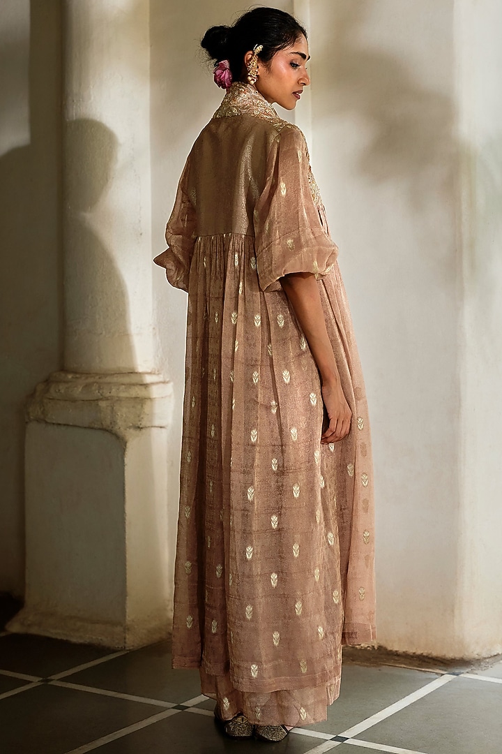 Vintage Brown Tissue & Jamawar Embroidered Jacket With Dress by Paulmi & Harsh at Pernia's Pop Up Shop