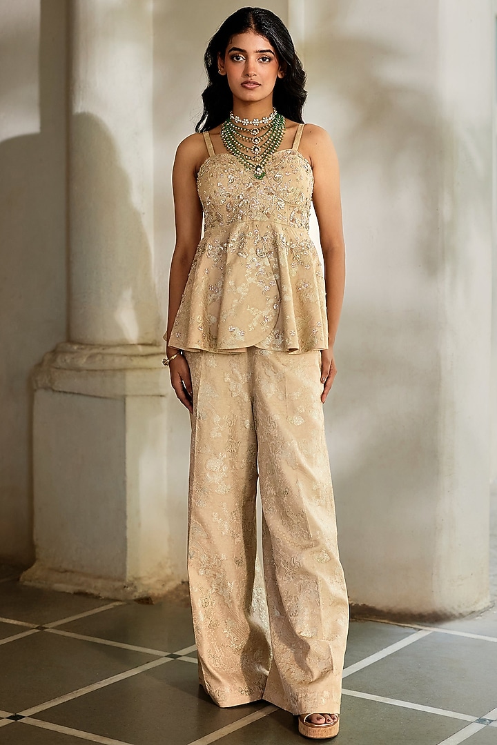 Cream Jacquard Hand Embroidered Co-Ord Set by Paulmi & Harsh at Pernia's Pop Up Shop